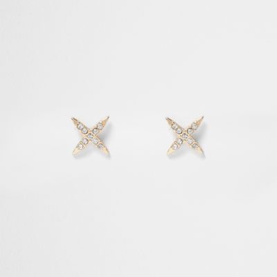 Gold tone diamante cross stud earrings